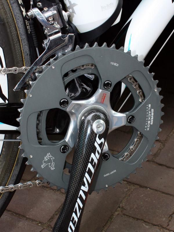 Astana riders have been using these SRAM BlackBox chainrings in team-only 110mm BCD 53/39T fitments.