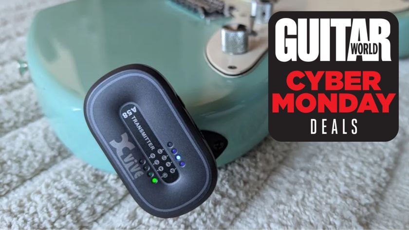 An Xvive A58 wireless guitar transmitter in an offset guitar