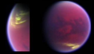 Data from NASA's Cassini spacecraft was used to create this pair of false-color images showing clouds covering parts of Titan.