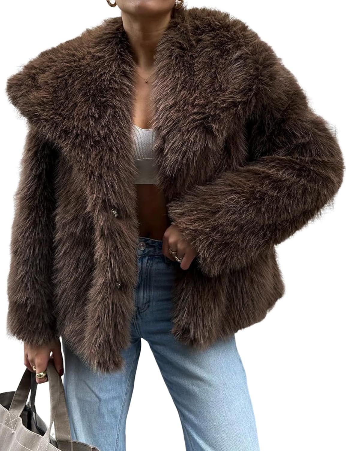 Yimoon Women's Cropped Faux Fur Jacket Lapel Open Front Shaggy Furry Coat 2024 Winter Warm Fluffy Overcoat(coffee-M)
