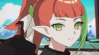 Mahou Arms character with green eyes and elf ears