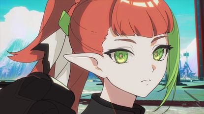 Mahou Arms character with green eyes and elf ears