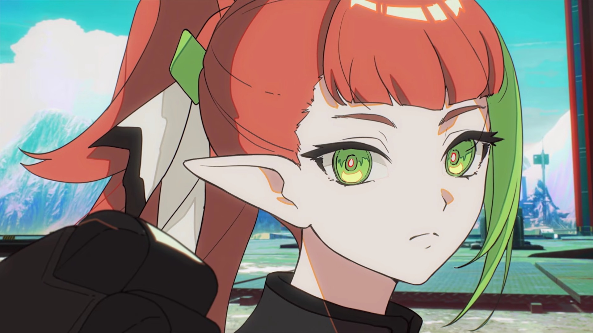 Mahou Arms character with green eyes and elf ears