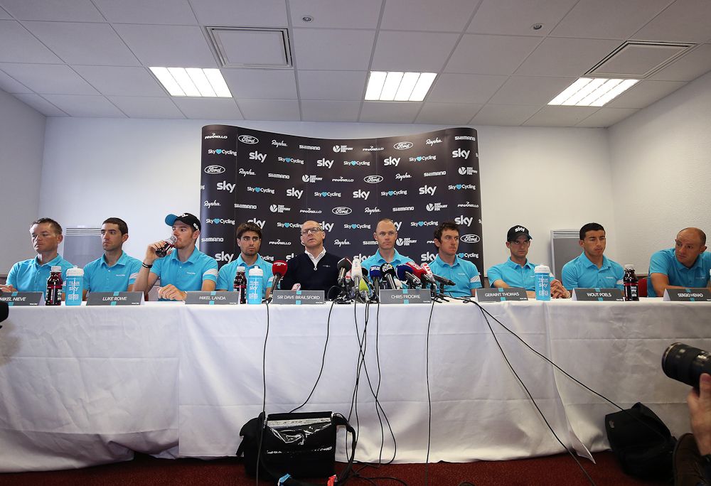 Team Sky riders and manager Dave Brailsford gather for a press conference ahead of the 2016 Tour de France.