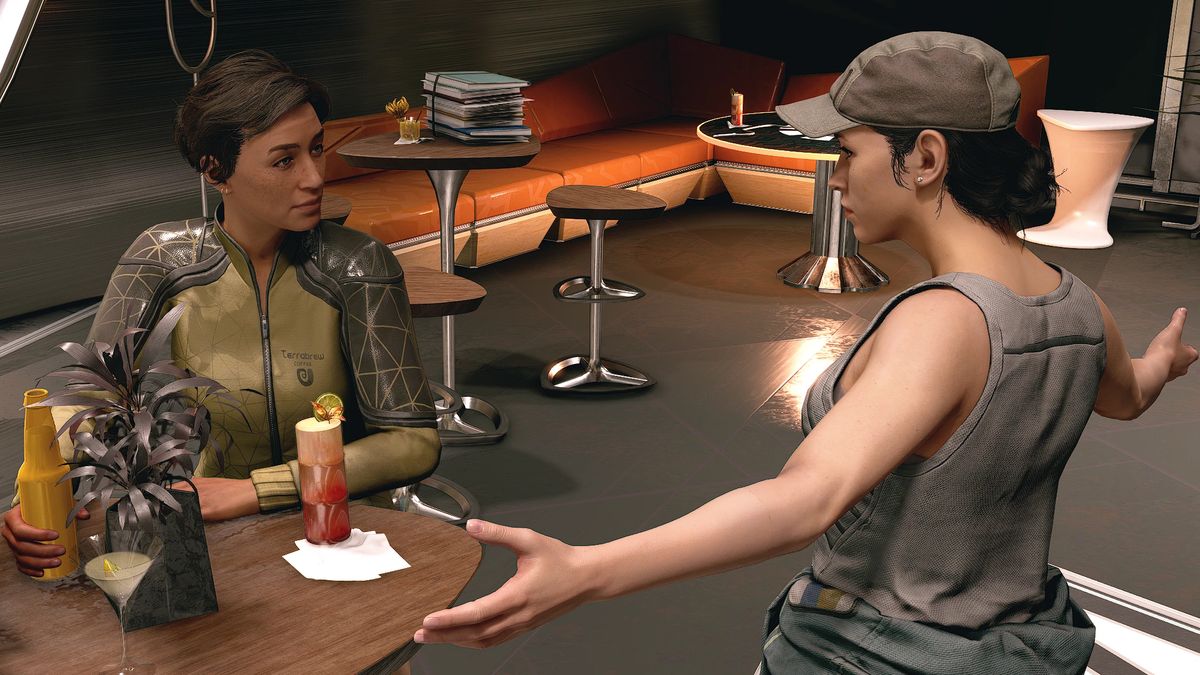 Two people talking in a futuristic restaurant