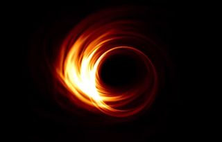 A still of a video simulation that shows what a black hole shadow might look like. The animation was featured in a short movie about the Event Horizon Telescope (EHT) project, produced by Peter Galison and Chyld King. Watch a livestreamed announcement of the Event Horizon Telescope's first results on April 10, 2019 at 9 a.m. EDT here: Nsf.gov/blackholes