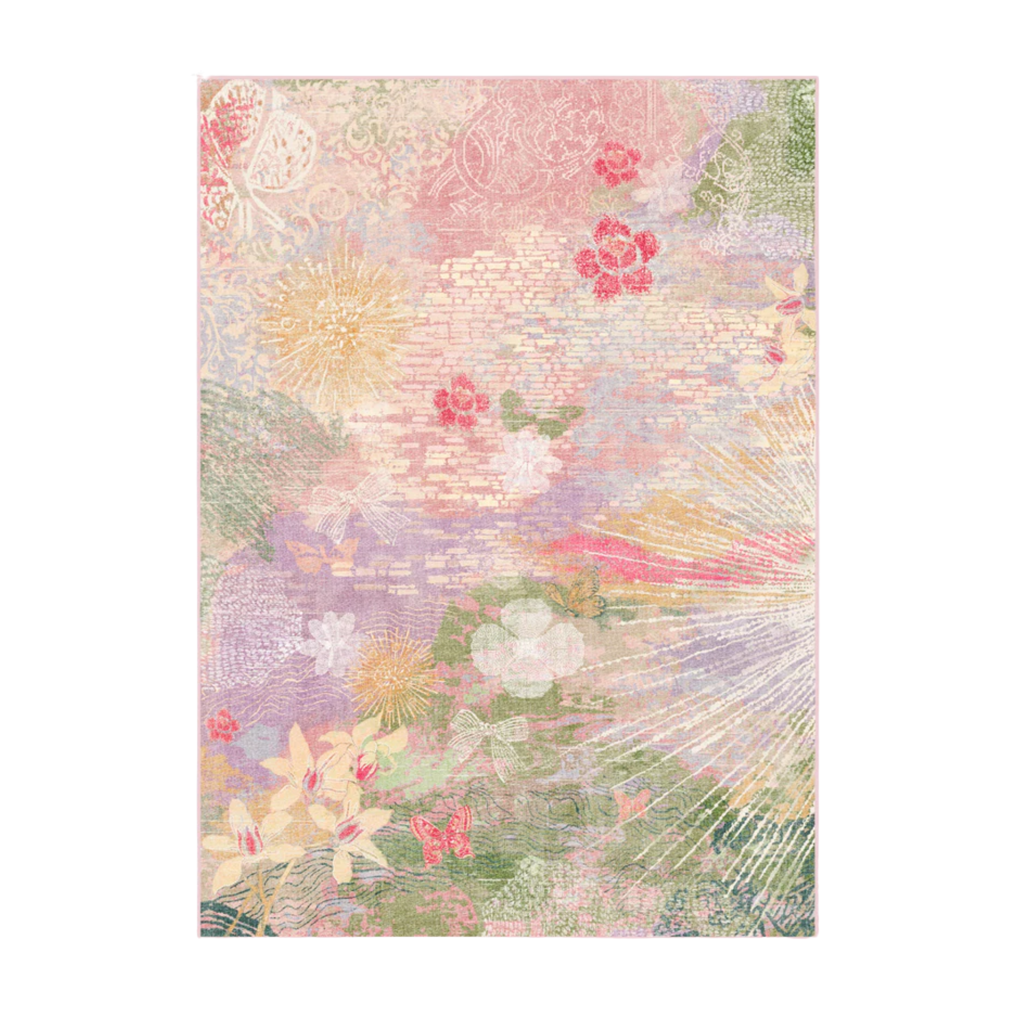 an abstract rug in shades of pink, purple, green, and yellow