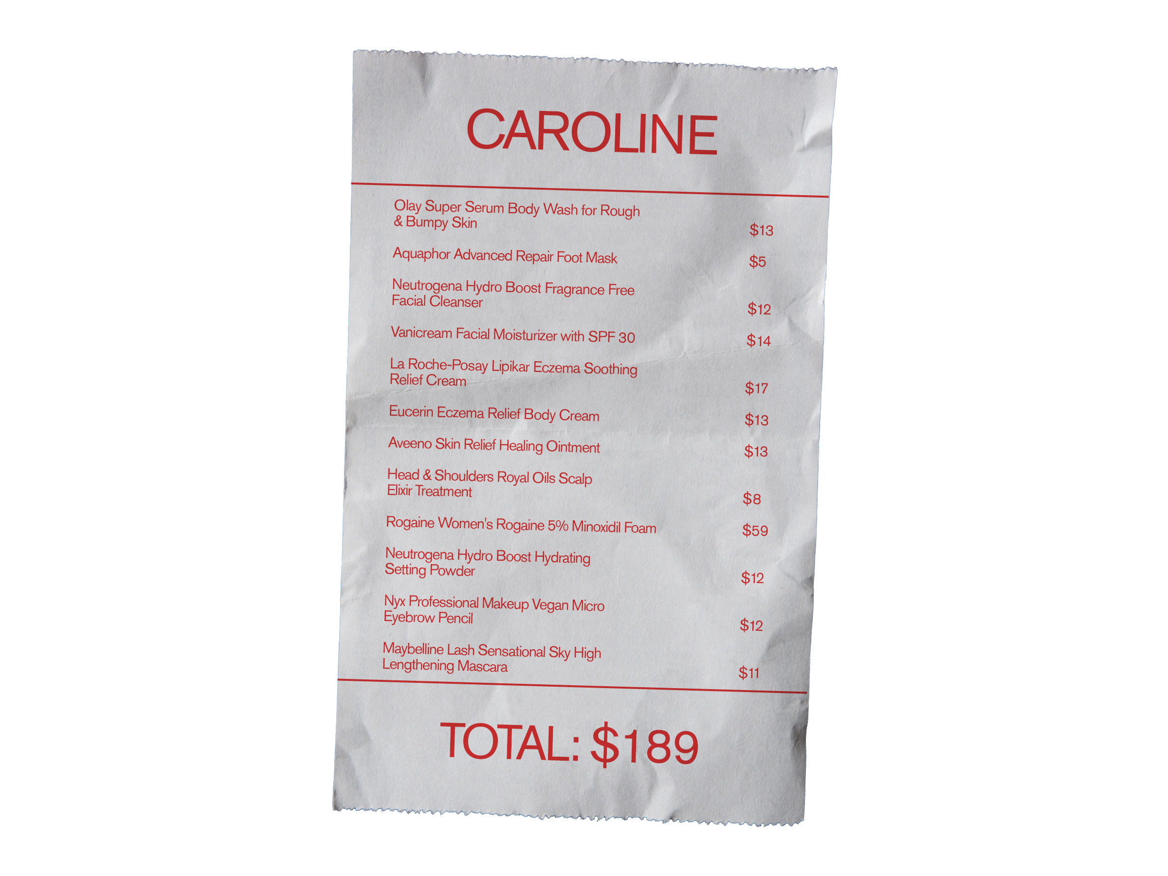 Caroline Robinson's drugstore beauty shopping receipt.