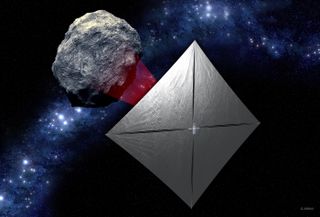 An artist's depiction of NEA Scout's solar sail and asteroid target.