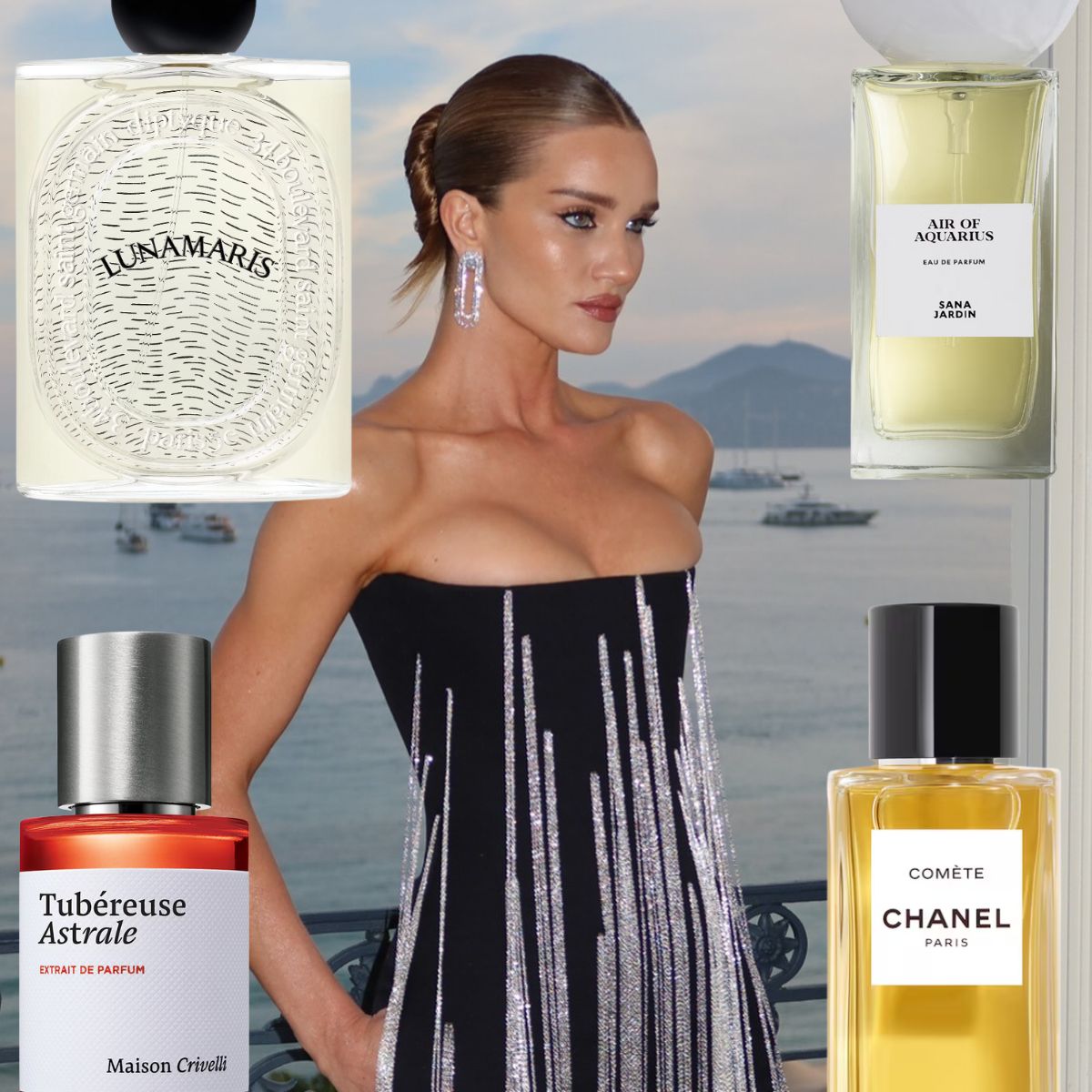 A photo of Rosie HW ina black strapless dress with silver details, with bottles of perfumes inspired by the stars collaged on top