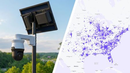 A Flock camera next to a map of Flock camera locations published by Proton.