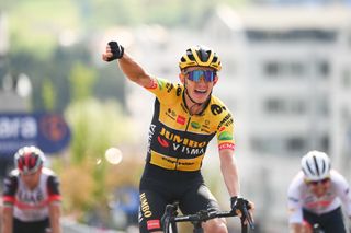 POTENZA ITALY MAY 13 Koen Bouwman of Netherlands and Team Jumbo Visma celebrates winning during the 105th Giro dItalia 2022 Stage 7 a 196km stage from Diamante to Potenza 717m Giro WorldTour on May 13 2022 in Potenza Italy Photo by Tim de WaeleGetty Images