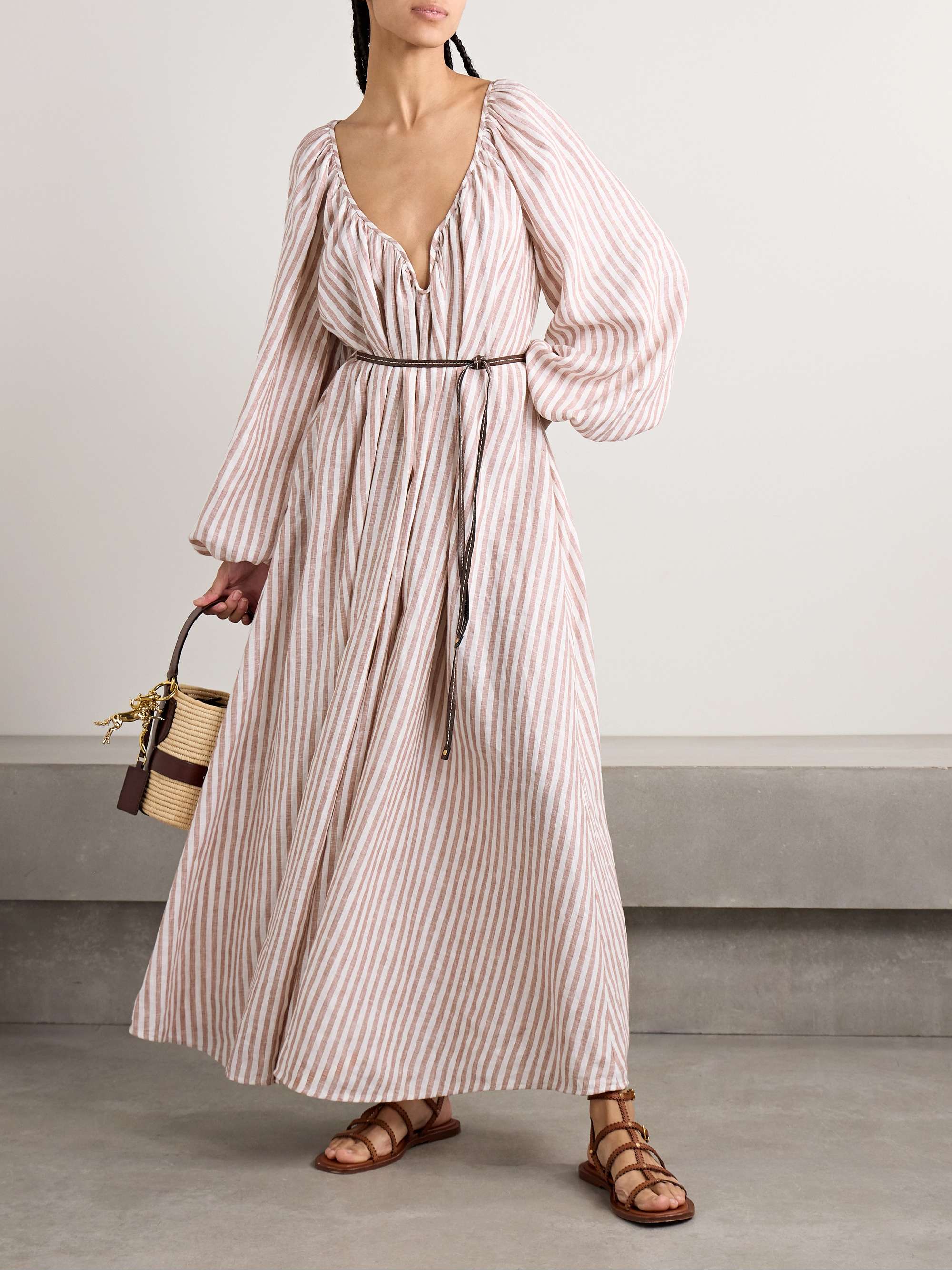 Cascadian Oversized Belted Striped Linen Maxi Dress