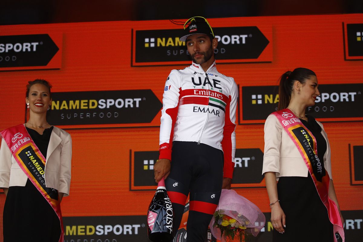 Fernando Gaviria (UAE Team Emirates) on the podium after stage 3