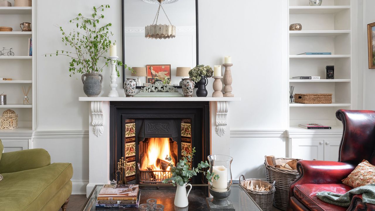 traditional fireplace ideas victorian fireplace with tiled interior in living room with armchairs and alcove storage