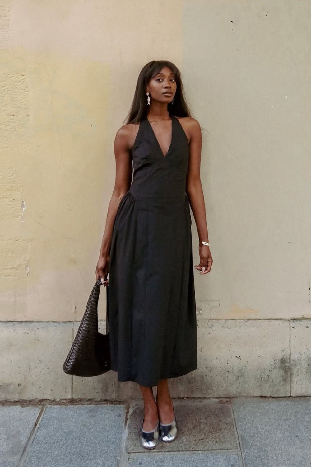 Best Shoes With Black Dresses @sylviemus_ wearing black dress and silver statement ballet flats