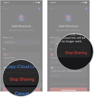 Stop sharing a shortcut, showing how to tap Stop Sharing, then tap Stop Sharing