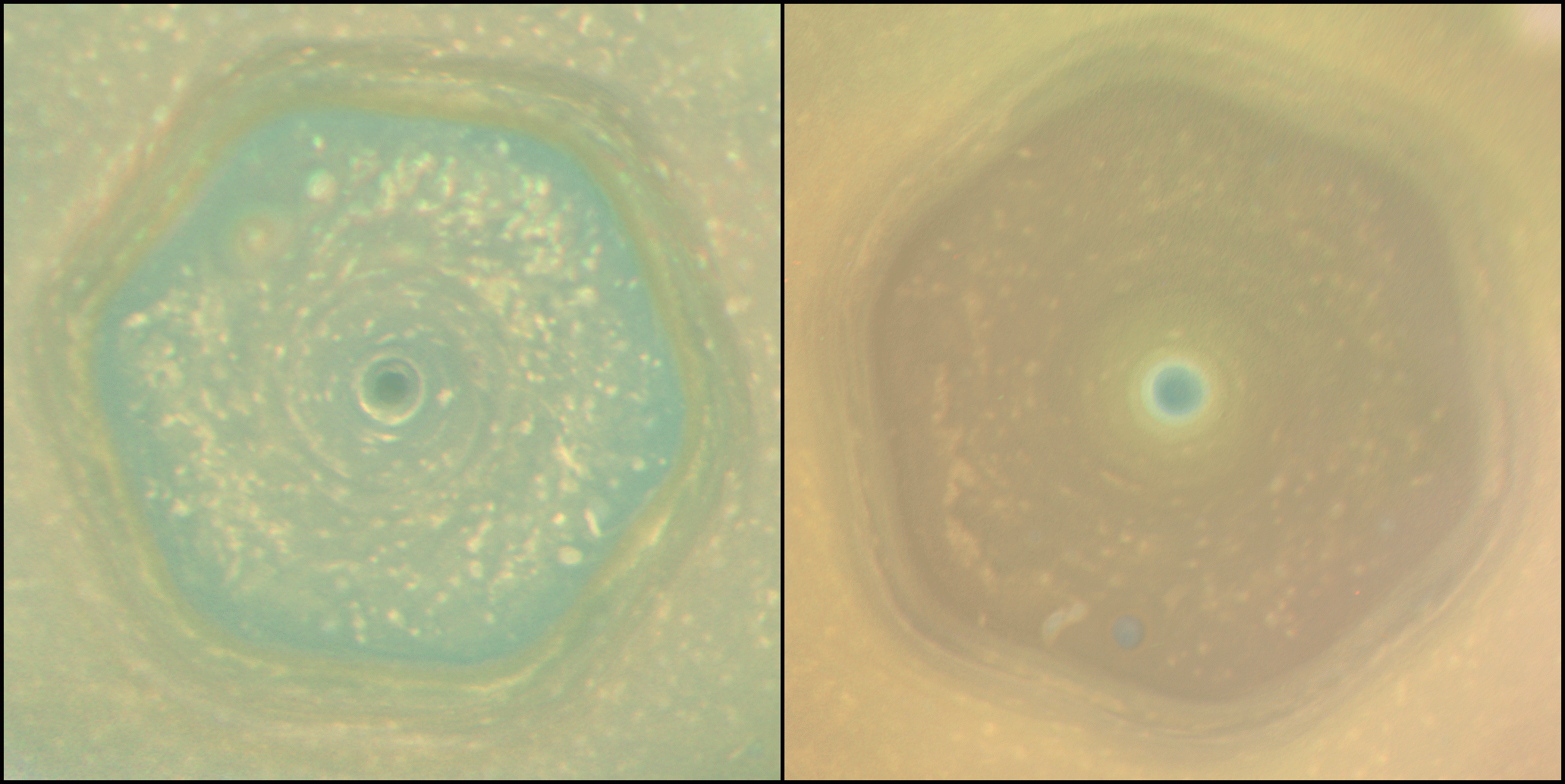 The hexagonal vortex at Saturn's north pole changed color significantly between June 2013 (left) and April 2017 (right), as seen in views from the Cassini spacecraft. For the left image, each frame occurs approximately 130 minutes after the previous one, and for the right, each frame follows after an average of 230 minutes. Researchers combined images taken with the spacecraft's red, green and blue filters for the natural-color views.