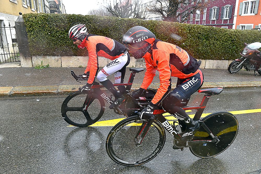 BMC Racing's Richie Porte and Danilo Wyss before the start