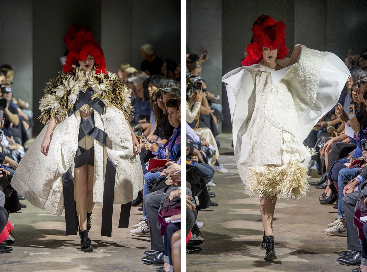 cotton candy hair sliced into wedges along with a few feathered head dresses