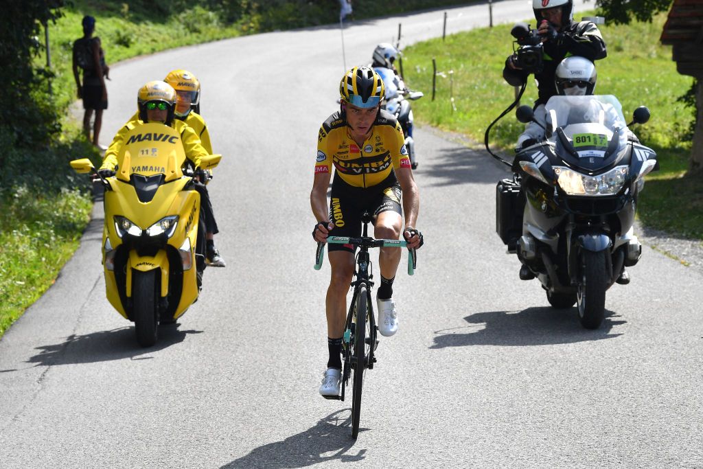 MEGEVE FRANCE AUGUST 16 Sepp Kuss of The United States and Team Jumbo Visma Breakaway during the 72nd Criterium du Dauphine 2020 Stage 5 a 1535km stage from Megeve to Megeve 1458m dauphine Dauphin on August 16 2020 in Megeve France Photo by Justin SetterfieldGetty Images