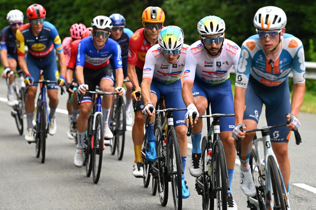 LELIORAN FRANCE JULY 10 LR Matteo Vercher of France and Anthony Turgis of France and Team TotalEnergies compete in the breakaway during the 111th Tour de France 2024 Stage 11 a 211km stage from EvauxlesBains to Le Lioran 1239m UCIWT on July 10 2024 in Le Lioran France Photo by Tim de WaeleGetty Images