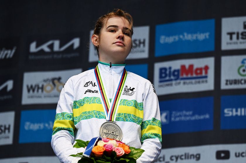 ZURICH, SWITZERLAND - SEPTEMBER 28: Silver medalist Neve Bradbury of Team Australia poses on the podium during the 97th UCI Cycling World Championships Zurich 2024, Women&#039;s U23 Road Race a 154.1km one day race from Uster to Zurich on September 28, 2024 in Zurich, Switzerland. (Photo by Tim de Waele/Getty Images)
