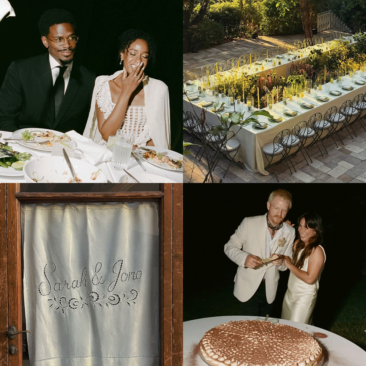 a collage of wedding images including cakes, stationery and tablescapes.