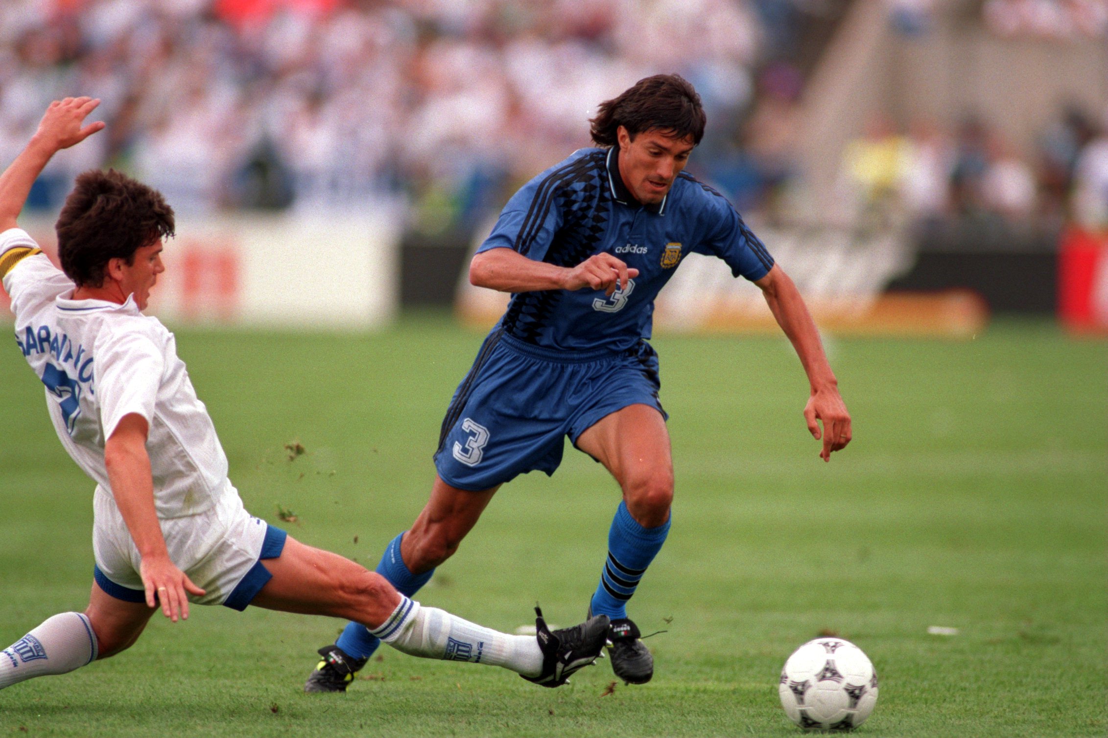 Jose Chamot on the ball for Argentina against Greece at the 1994 World Cup.