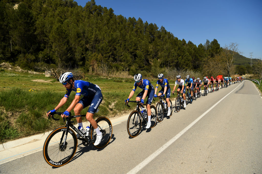 VALLTER 2000 SETCASES VALL CAMPRODON SPAIN MARCH 24 Josef Cerny of Czech Republic and Team Deceuninck QuickStep Rmi Cavagna of France and Team Deceuninck QuickStep Dries Devenyns of Belgium and Team Deceuninck QuickStep Joo Almeida of Portugal and Team Deceuninck QuickStep Green Leader Jersey Sergio Samitier Samitier of Spain and Movistar Team Marc Hirschi of Switzerland and UAE Team Emirates Gianluca Brambilla of Italy and Team Trek Segafredo during the 100th Volta Ciclista a Catalunya 2021 Stage 3 a 2031km stage from Canal Olmpic de Catalunya to Vallter 2000 Setcases Vall Camprodon 2125m Peloton Landscape VoltaCatalunya100 on March 24 2021 in Vallter 2000 Setcases Vall Camprodon Spain Photo by David RamosGetty Images