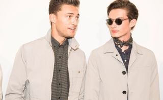 Oliver Spencer S/S 2019 - Models wear pale grey collared trench coats
