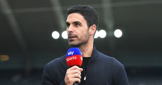 Arsenal manager Mikel Arteta speaks to Sky Sports prior to the Premier League match between Newcastle United and Arsenal FC at St. James Park on May 07, 2023 in Newcastle upon Tyne, England.