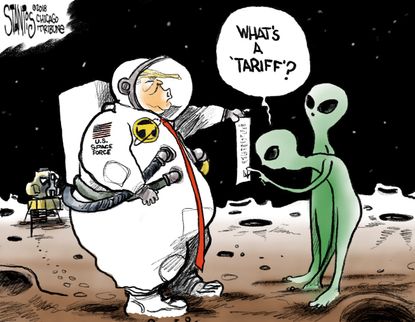 Political cartoon U.S. Trump space force aliens tariffs