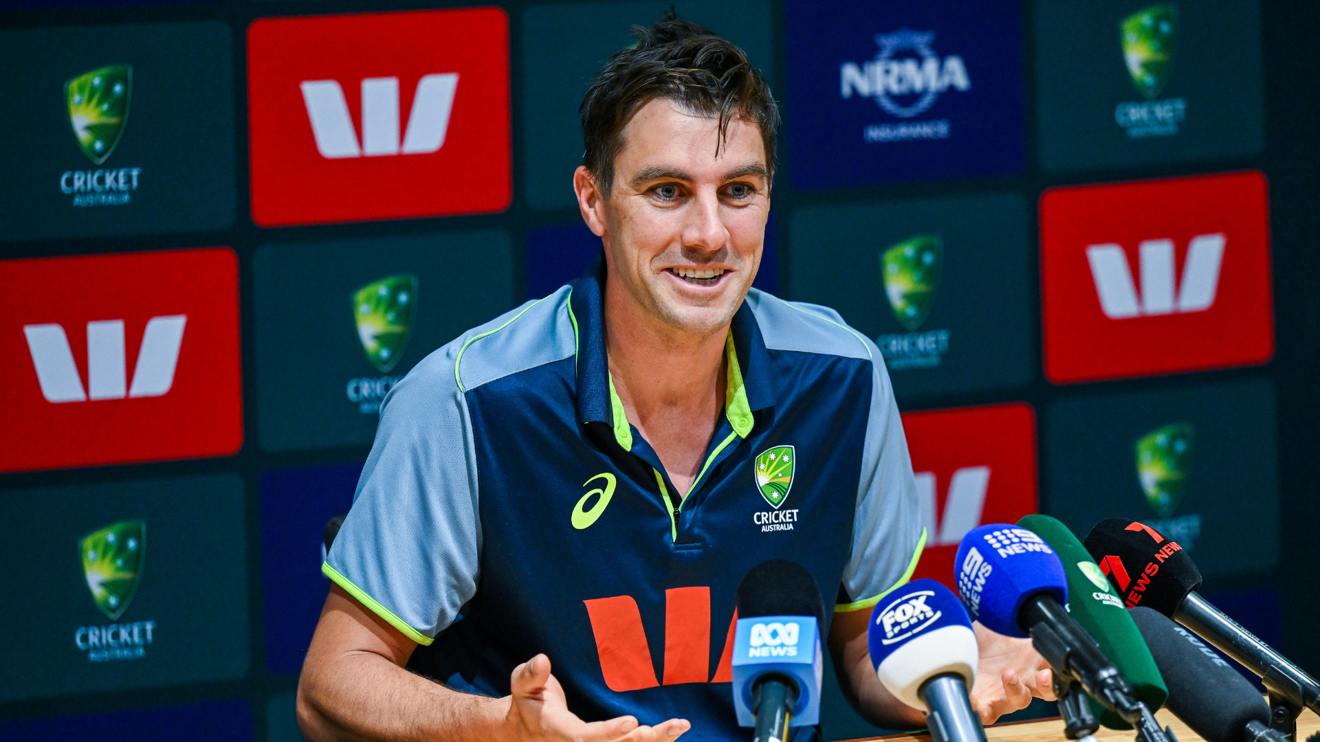 ADELAIDE, AUSTRALIA - DECEMBER 16: Pat Cummins of Australia speaks to media during his press conference after an Australia nets session at Adelaide Oval on December 16, 2025 in Adelaide, Australia.