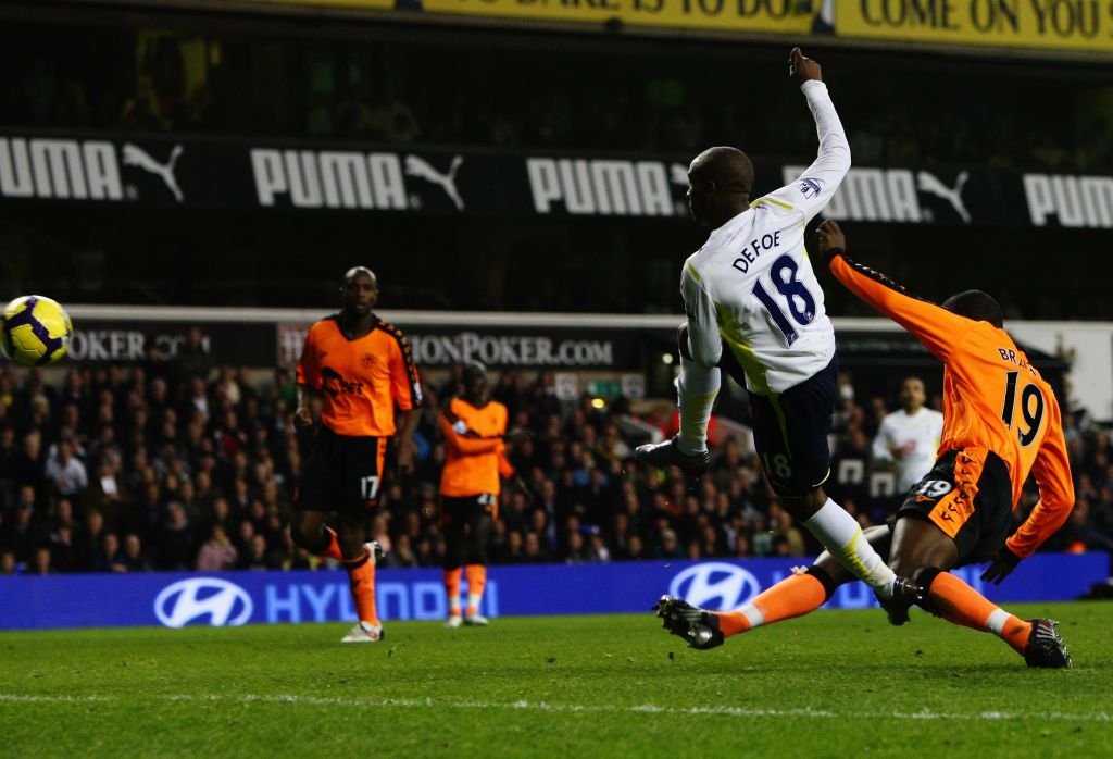 Jermain Defoe of Tottenham Hotspur scores their second goal during the Barclays Premier League match between Tottenham Hotspur and Wigan Athletic at White Hart Lane on November 22, 2009 in London, England.