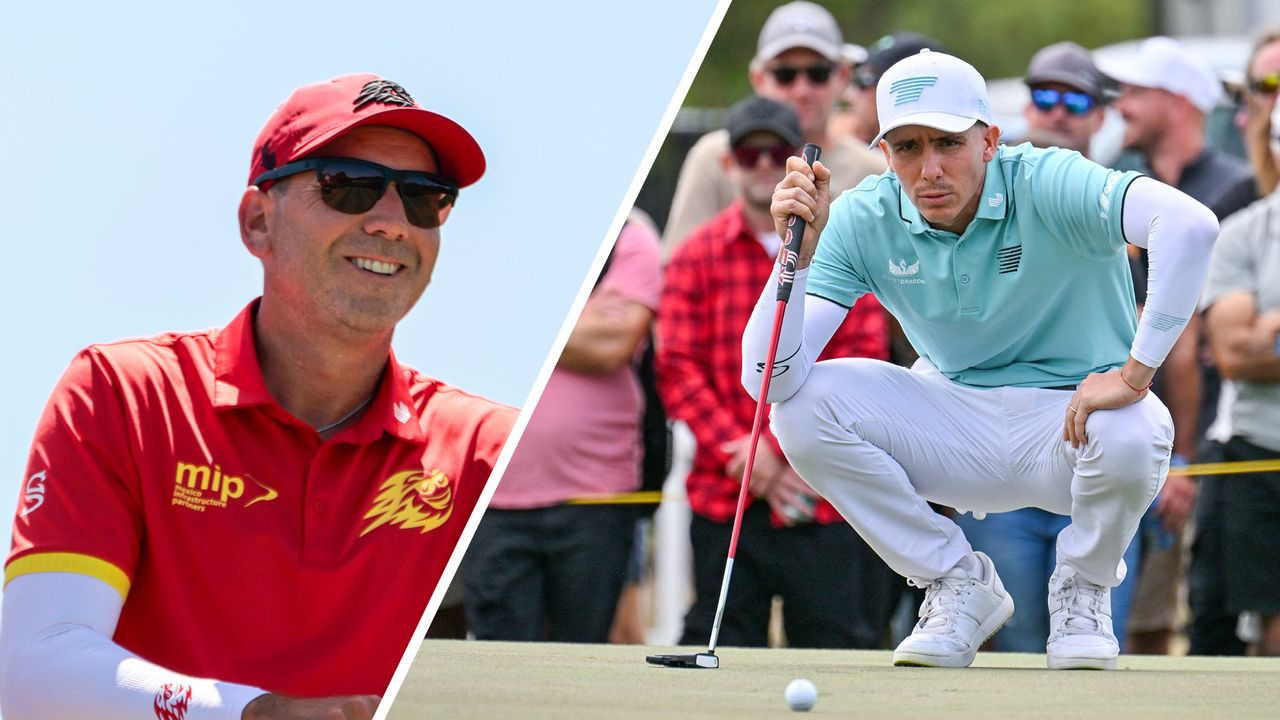 Sergio Garcia (left) and Carlos Ortiz crouching down behind a putt (right)