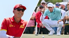 Sergio Garcia (left) and Carlos Ortiz crouching down behind a putt (right)