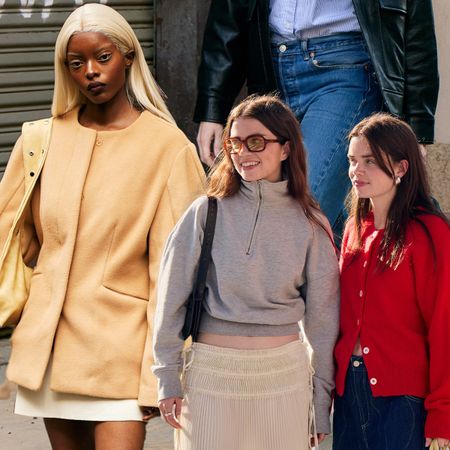 A woman in a yellow collarless jacket, a mini skirt, and black flats; a pair of women in NYC; a woman wearing cigarette jeans, a button-down shirt, and a black leather jacket