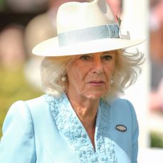  Queen Camilla attends the races to watch her horse Reaching HIgh race in The Sky Bet Melrose Handicap at York Racecourse on August 24, 2024 in York, England.