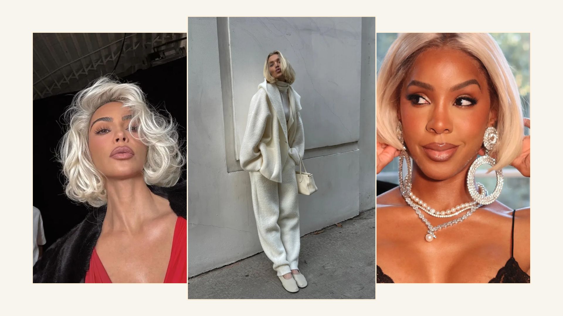 A collage of ashy blonde bobs