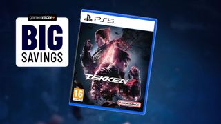 Tekken 8 PS5 box on a blurred Tekken promotional image, with a big savings stamp over the top