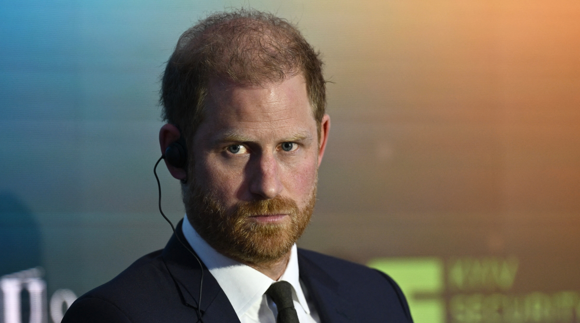 Prince Harry, Duke of Sussex, has red hair and a short beard and wears a suit and tie and attends the Kyiv Security Forum, in Kyiv on April 23, 2026