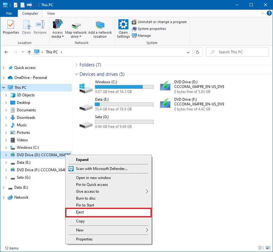 Windows 10 unmount ISO file option