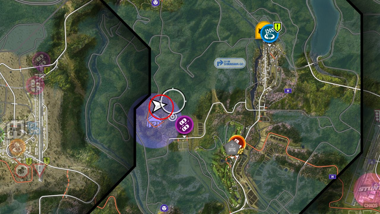 Forza Horizon 6 Barn Finds: A map with a red circle showing the location of the Barn Find within the purple search area.