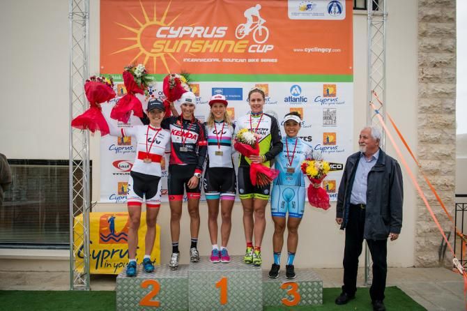Elite women's podium: Maja Wloszczowska, Blaza Klemencic, Jolanda Neff, Gunn-Rita Dahle Flesjaa, Sabine Spitz