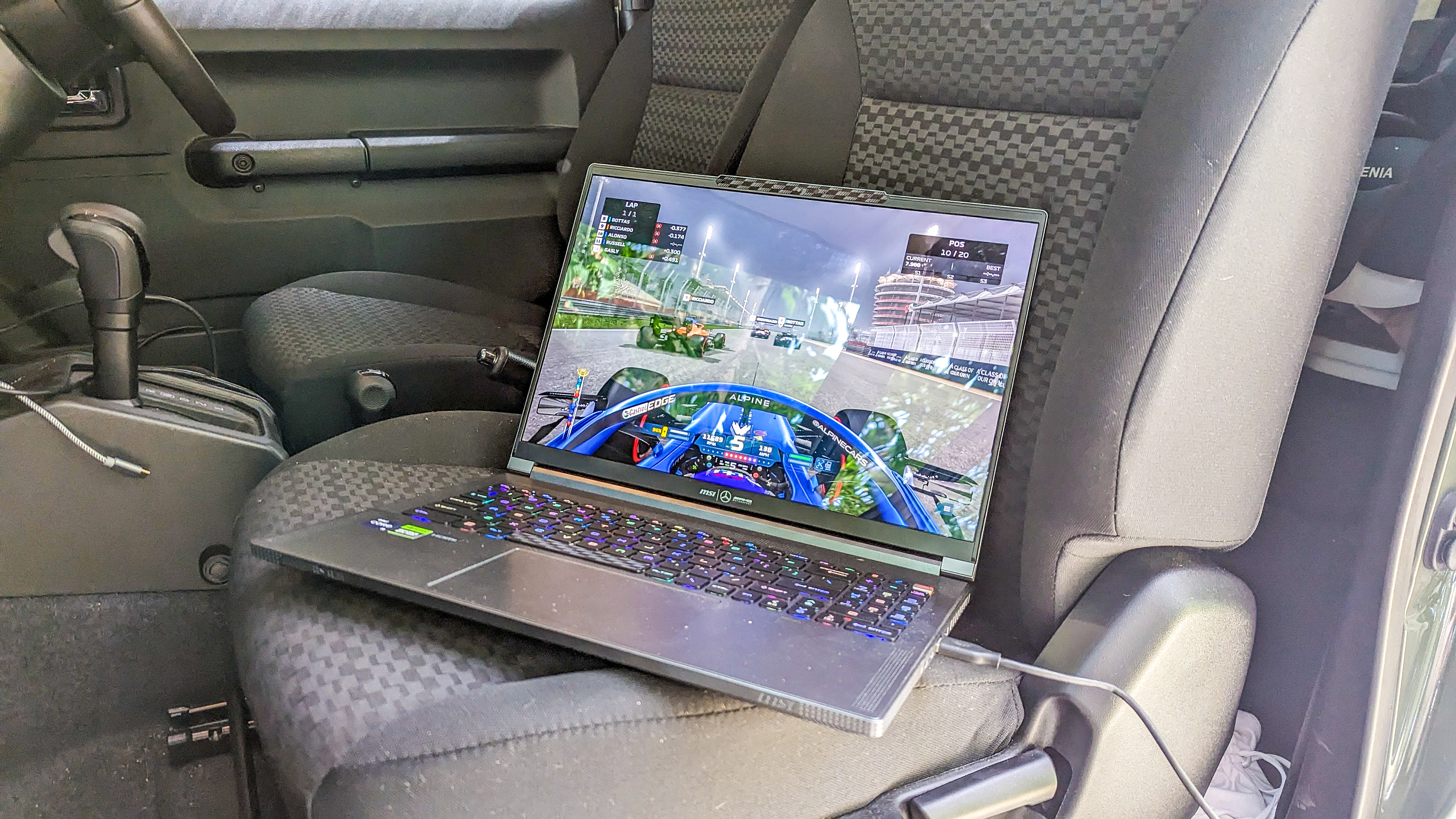 MSI laptop on a car