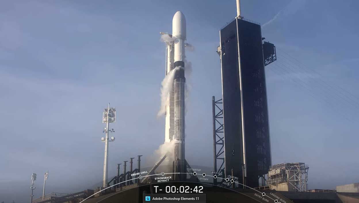 SpaceX's Starlink-5 mission Falcon 9 rocket on the launchpad. The rocket's first stage made its fifth flight during its March 18, 2020 launch.