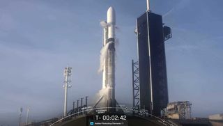 SpaceX's Starlink-5 mission Falcon 9 rocket on the launchpad. The rocket's first stage made its fifth flight during its March 18, 2020 launch.
