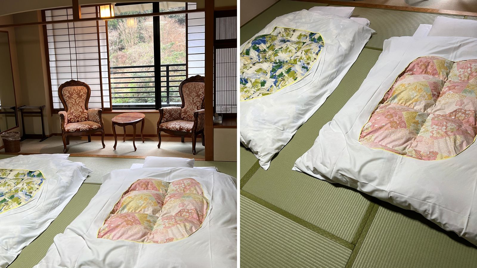 A split-screen header of a traditional Japanese ryokan bedroom with two futon beds laid out on tatami mat flooring.