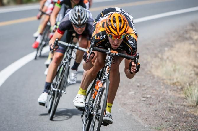 Tom Zirbel (TIBCO) leads the break on a descent